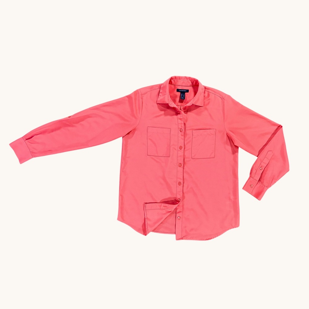 Lands End Women's Coral Pink Button Down Career Shirt Long Sleeve Pockets Size 6
